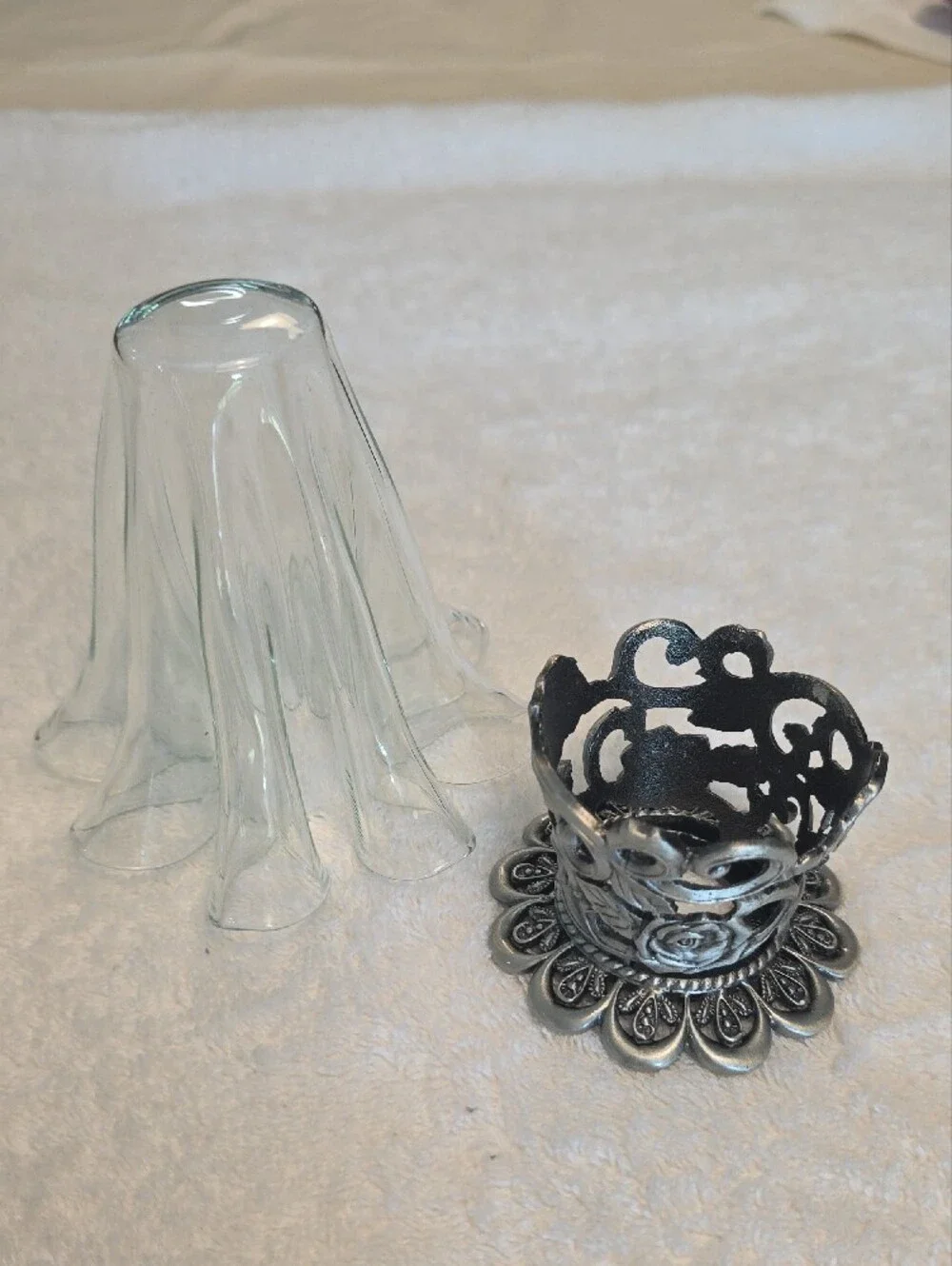 Clear Art Glass Bud Vase with Decorative Metal Base